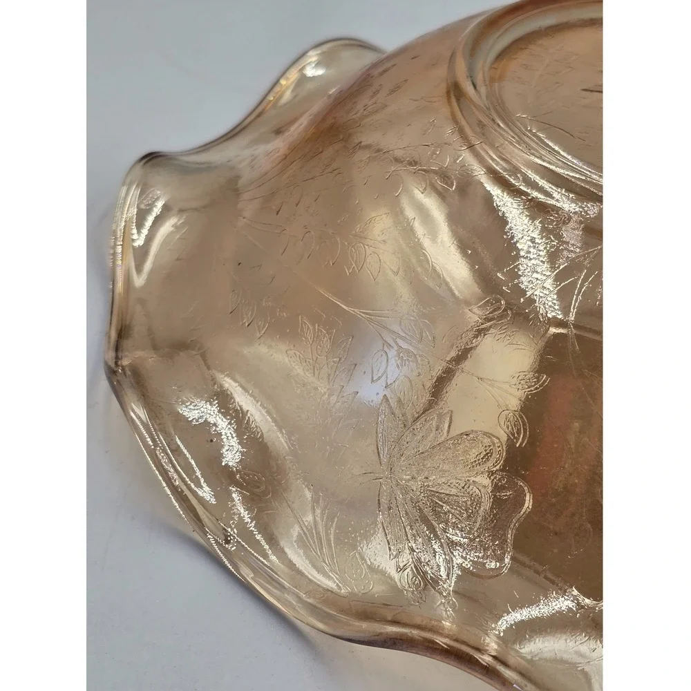 Ruffled Edge Louisa Amber Iridescent Floragold Embossed Depression Glass Dish 9